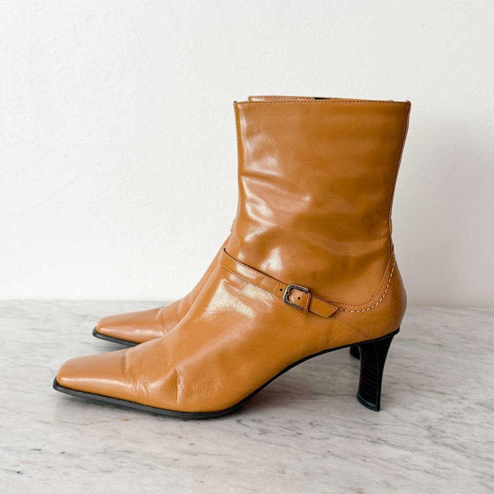 Y2K Minimalist Westies Leather Square Toe Boots 8.5 Tan Buckle Kitten Heel